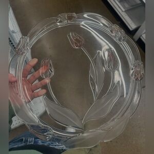 Mikasa - Juliana - CRYSTAL FOOTED CAKE PLATE w/ Frosted Pink Tulips - 14”